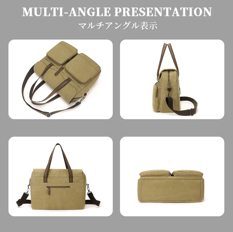 Guangzhou Fuliya Industry Co.,Ltd C-81445 This canvas bag is lightweight and soft, with hand/shoulder/crossbody carry, multi-layer pockets - for commuting and casual use.
