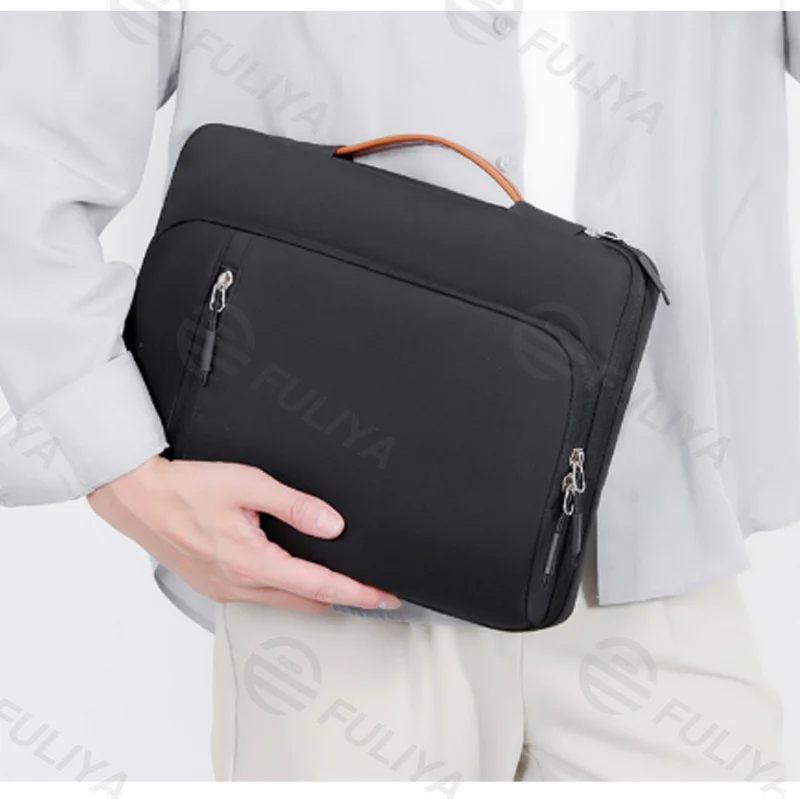 Guangzhou Fuliya Industry Co.,Ltd C-81446 This laptop handbag features a shock-absorbing fleece lining for a 14″ laptop, multiple pockets, a telescopic handle, and a trolley strap - for business meetings and office use.