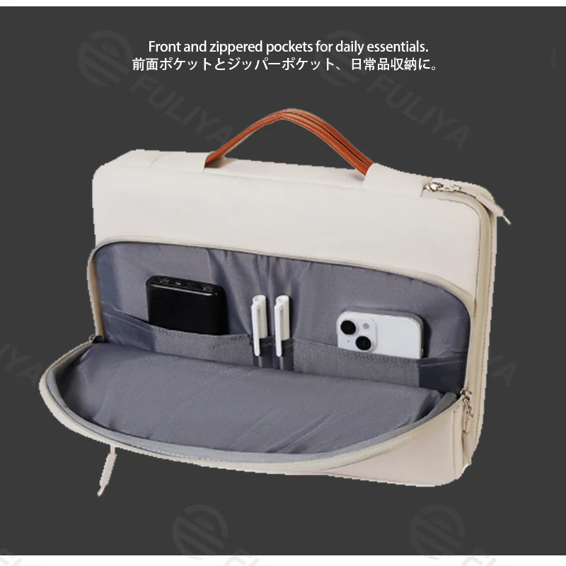 Guangzhou Fuliya Industry Co.,Ltd C-81446 This laptop handbag features a shock-absorbing fleece lining for a 14″ laptop, multiple pockets, a telescopic handle, and a trolley strap - for business meetings and office use.