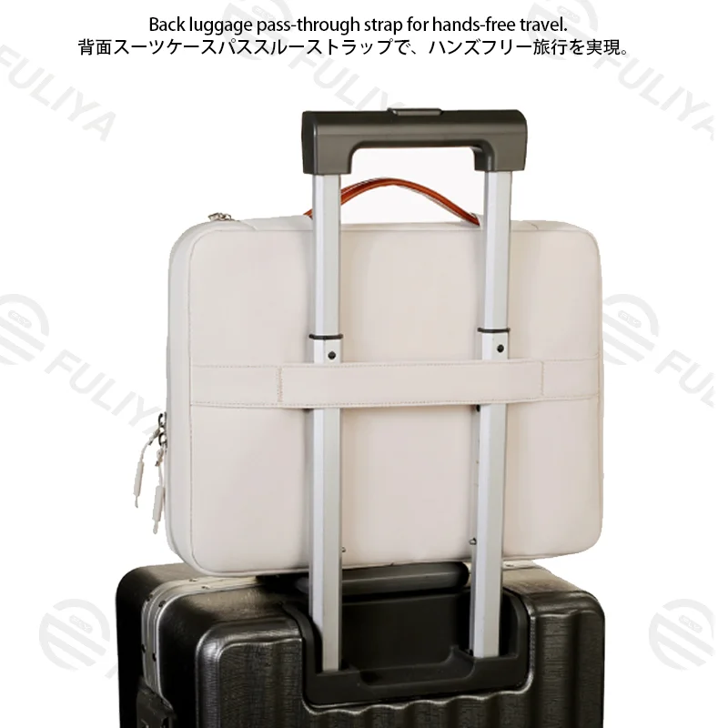 Guangzhou Fuliya Industry Co.,Ltd C-81446 This laptop handbag features a shock-absorbing fleece lining for a 14″ laptop, multiple pockets, a telescopic handle, and a trolley strap - for business meetings and office use.