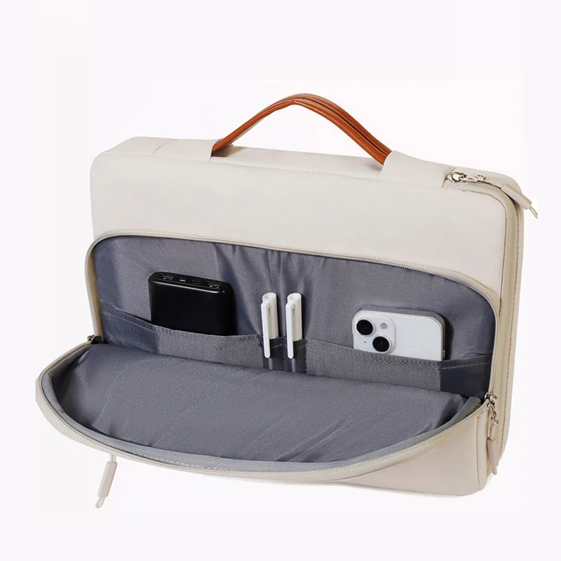 Guangzhou Fuliya Industry Co.,Ltd C-81446 This laptop handbag features a shock-absorbing fleece lining for a 14″ laptop, multiple pockets, a telescopic handle, and a trolley strap - for business meetings and office use.