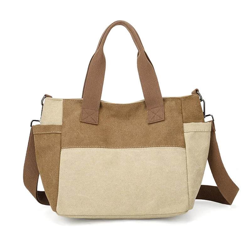 Guangzhou Fuliya Industry Co.,Ltd C-81447 This spliced canvas bag is lightweight and versatile, with hand/shoulder/crossbody carry, multi-layer pockets, adjustable strap, and side pocket - for commuting and campus.