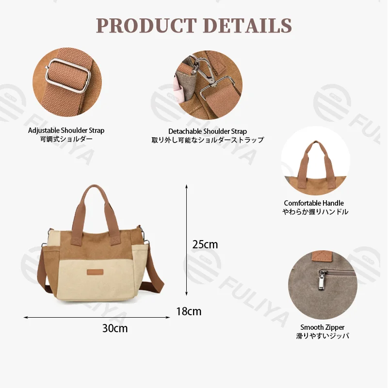 Guangzhou Fuliya Industry Co.,Ltd C-81447 This spliced canvas bag is lightweight and versatile, with hand/shoulder/crossbody carry, multi-layer pockets, adjustable strap, and side pocket - for commuting and campus.