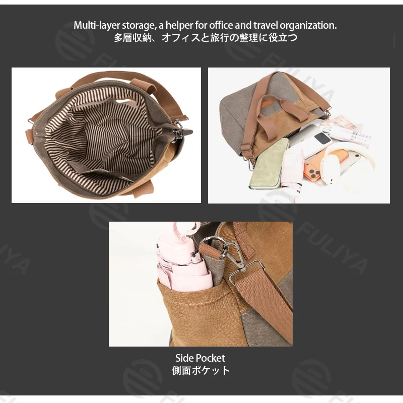 Guangzhou Fuliya Industry Co.,Ltd C-81447 This spliced canvas bag is lightweight and versatile, with hand/shoulder/crossbody carry, multi-layer pockets, adjustable strap, and side pocket - for commuting and campus.