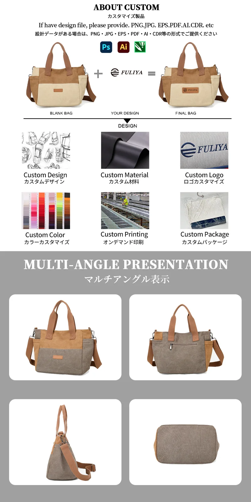 Guangzhou Fuliya Industry Co.,Ltd C-81447 This spliced canvas bag is lightweight and versatile, with hand/shoulder/crossbody carry, multi-layer pockets, adjustable strap, and side pocket - for commuting and campus.