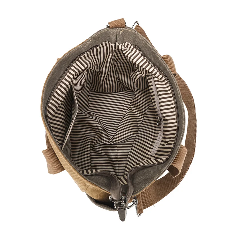 Guangzhou Fuliya Industry Co.,Ltd C-81447 This spliced canvas bag is lightweight and versatile, with hand/shoulder/crossbody carry, multi-layer pockets, adjustable strap, and side pocket - for commuting and campus.