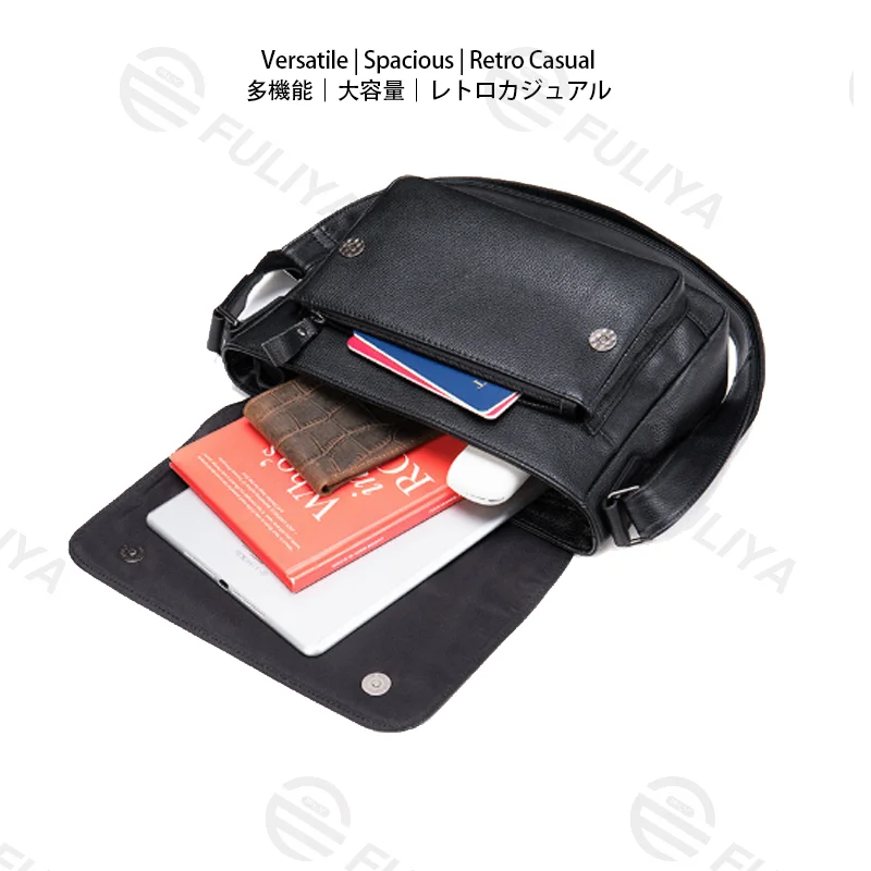Guangzhou Fuliya Industry Co.,Ltd C-81451 This business messenger bag features premium leather, waterproof expandable design, multiple pockets, and shoulder/crossbody carry - for commuting and travel.