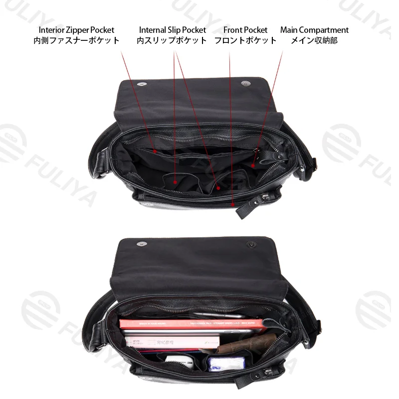 Guangzhou Fuliya Industry Co.,Ltd C-81451 This business messenger bag features premium leather, waterproof expandable design, multiple pockets, and shoulder/crossbody carry - for commuting and travel.