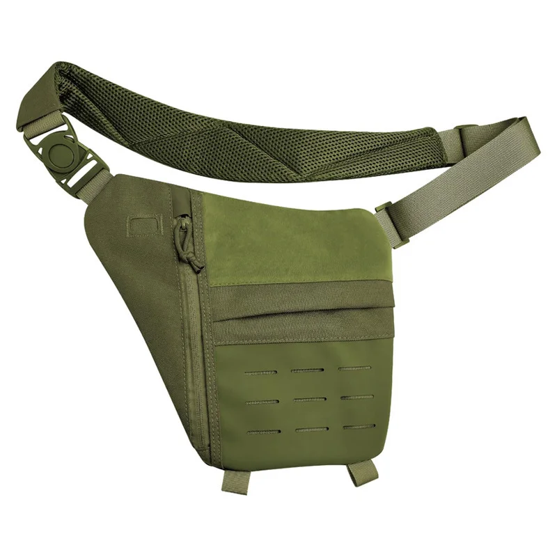 Guangzhou Fuliya Industry Co.,Ltd C-81452 This tactical chest bag is water-resistant, with adjustable padded strap, back anti-theft pocket, quick-release buckle, and concealed carry - for outdoor and commuting.
