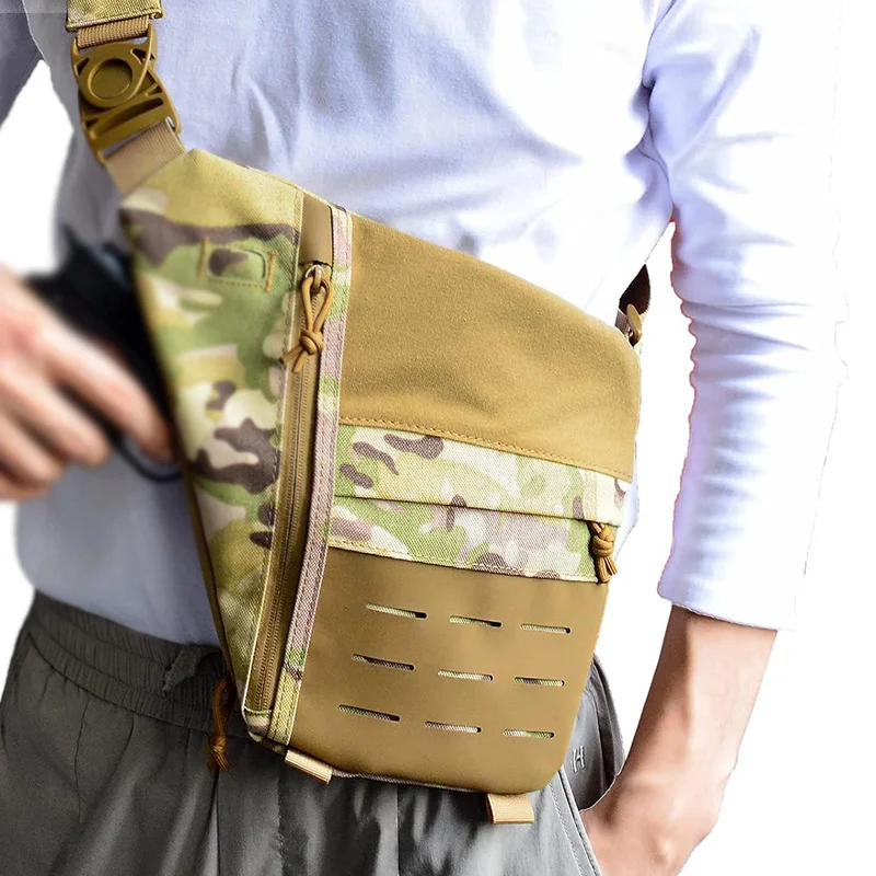 Guangzhou Fuliya Industry Co.,Ltd C-81452 This tactical chest bag is water-resistant, with adjustable padded strap, back anti-theft pocket, quick-release buckle, and concealed carry - for outdoor and commuting.