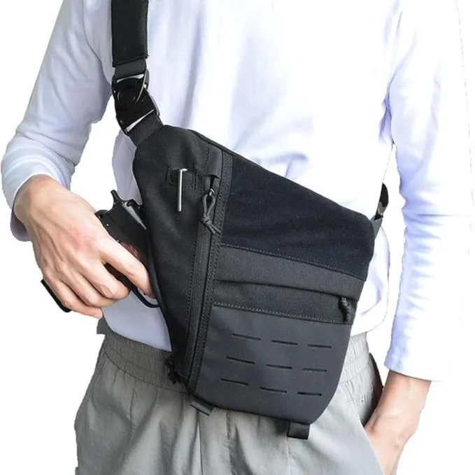 Guangzhou Fuliya Industry Co.,Ltd C-81452 This tactical chest bag is water-resistant, with adjustable padded strap, back anti-theft pocket, quick-release buckle, and concealed carry - for outdoor and commuting.