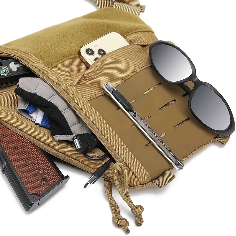 Guangzhou Fuliya Industry Co.,Ltd C-81452 This tactical chest bag is water-resistant, with adjustable padded strap, back anti-theft pocket, quick-release buckle, and concealed carry - for outdoor and commuting.