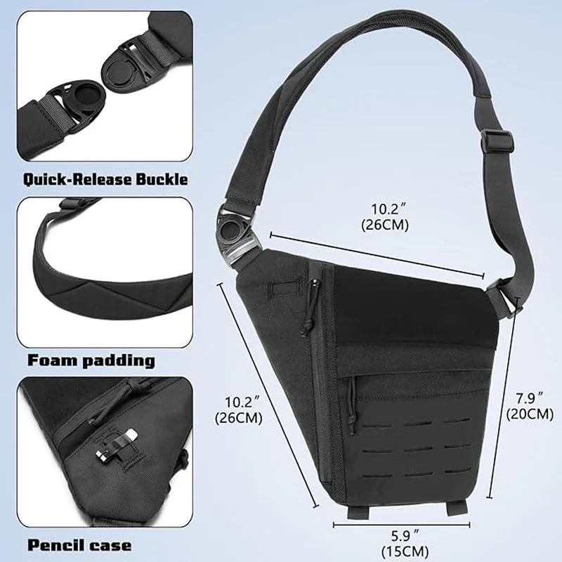 Guangzhou Fuliya Industry Co.,Ltd C-81452 This tactical chest bag is water-resistant, with adjustable padded strap, back anti-theft pocket, quick-release buckle, and concealed carry - for outdoor and commuting.