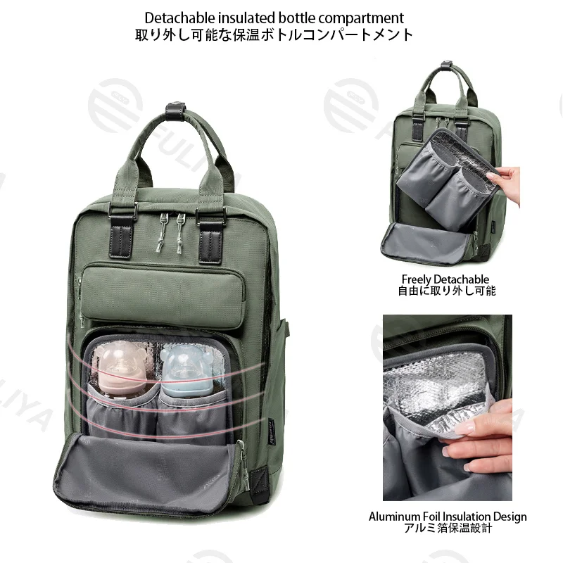 Guangzhou Fuliya Industry Co.,Ltd C-81464 This versatile backpack fits a laptop, is water-repellent and stain-resistant, includes a detachable insulated bottle pouch, and has a trolley strap - suitable for business, commuting, and family outings.