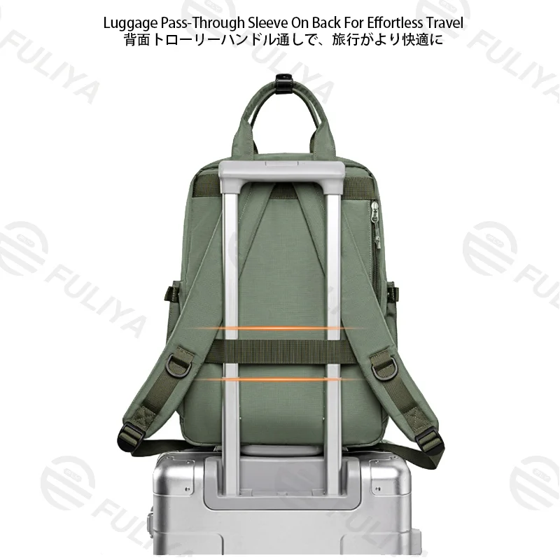 Guangzhou Fuliya Industry Co.,Ltd C-81464 This versatile backpack fits a laptop, is water-repellent and stain-resistant, includes a detachable insulated bottle pouch, and has a trolley strap - suitable for business, commuting, and family outings.