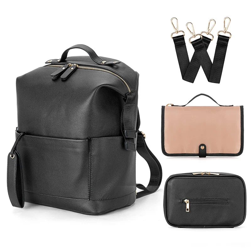Guangzhou Fuliya Industry Co.,Ltd C-81465 This PU mommy bag offers large capacity with multiple compartments, is waterproof and easy to clean, attaches to strollers, and has comfortable shoulder straps - ideal for outings and travel with baby.