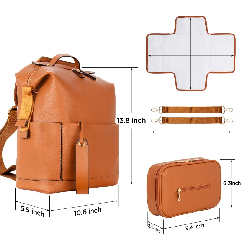 Guangzhou Fuliya Industry Co.,Ltd C-81465 This PU mommy bag offers large capacity with multiple compartments, is waterproof and easy to clean, attaches to strollers, and has comfortable shoulder straps - ideal for outings and travel with baby.