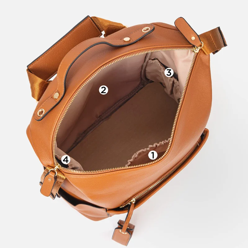 Guangzhou Fuliya Industry Co.,Ltd C-81465 This PU mommy bag offers large capacity with multiple compartments, is waterproof and easy to clean, attaches to strollers, and has comfortable shoulder straps - ideal for outings and travel with baby.
