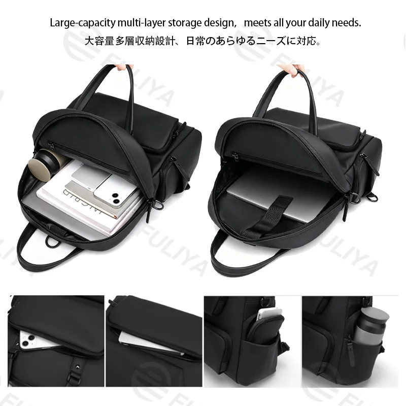 Guangzhou Fuliya Industry Co.,Ltd C-81466 This business bag fits a 15.6" laptop, has detachable straps for hand, backpack, or crossbody carry, and a trolley sleeve - for commuting, business trips, and travel.
