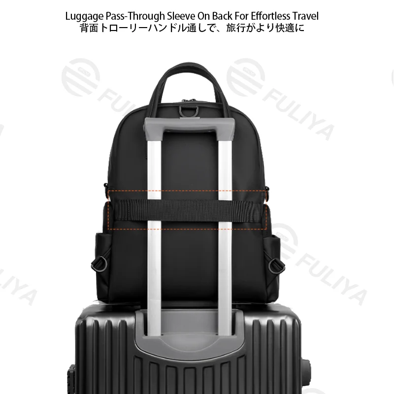 Guangzhou Fuliya Industry Co.,Ltd C-81466 This business bag fits a 15.6" laptop, has detachable straps for hand, backpack, or crossbody carry, and a trolley sleeve - for commuting, business trips, and travel.