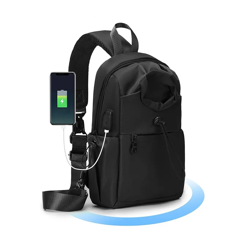 Guangzhou Fuliya Industry Co.,Ltd C-81469 This chest bag is water-repellent, has a bottle pocket and USB port, magnetic quick-release, multiple pockets - for travel, shopping, and fitness.