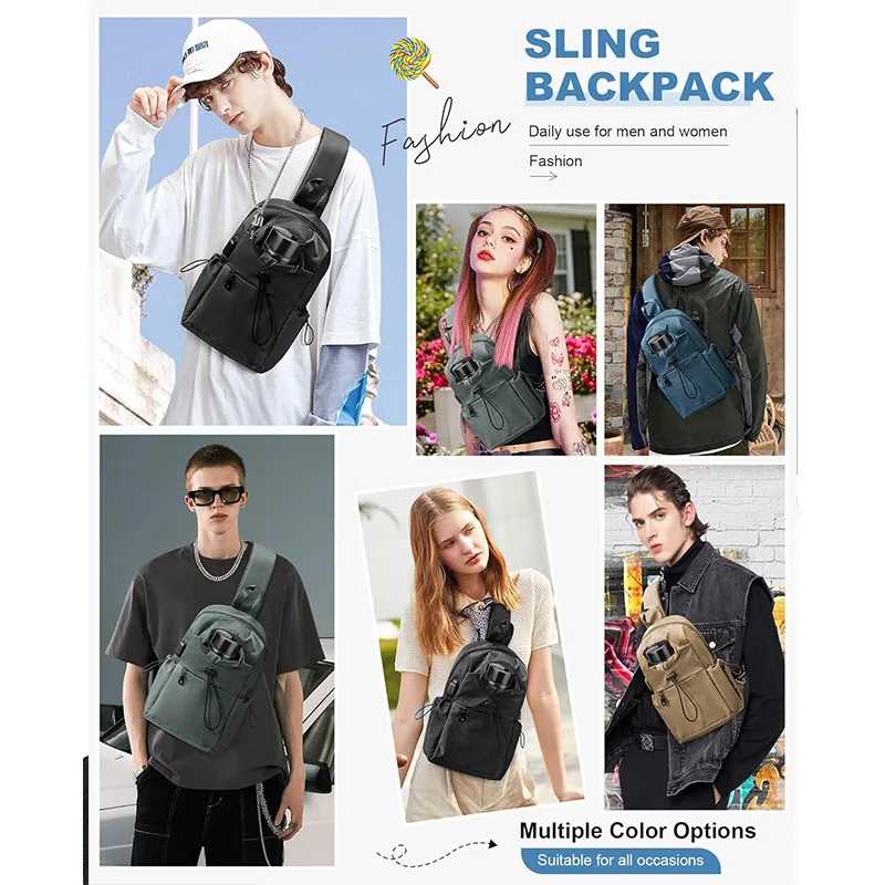 Guangzhou Fuliya Industry Co.,Ltd C-81469 This chest bag is water-repellent, has a bottle pocket and USB port, magnetic quick-release, multiple pockets - for travel, shopping, and fitness.