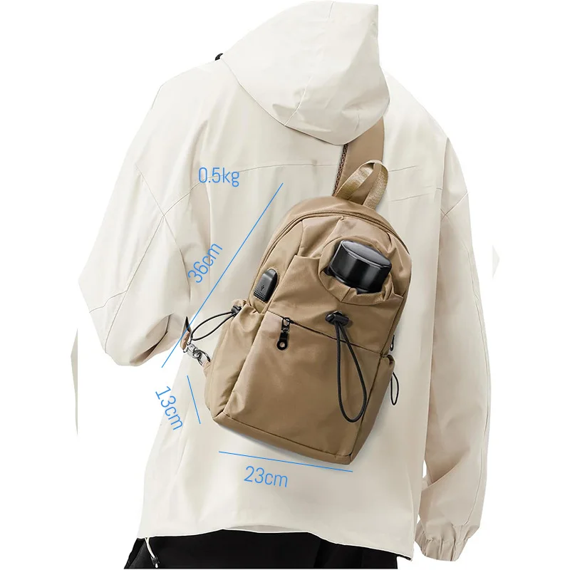 Guangzhou Fuliya Industry Co.,Ltd C-81469 This chest bag is water-repellent, has a bottle pocket and USB port, magnetic quick-release, multiple pockets - for travel, shopping, and fitness.
