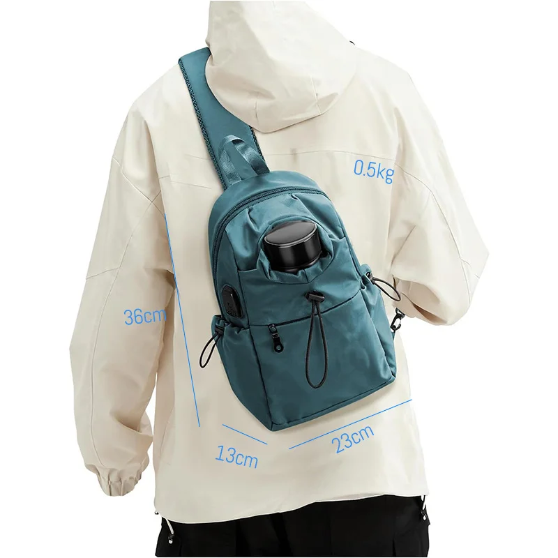 Guangzhou Fuliya Industry Co.,Ltd C-81469 This chest bag is water-repellent, has a bottle pocket and USB port, magnetic quick-release, multiple pockets - for travel, shopping, and fitness.
