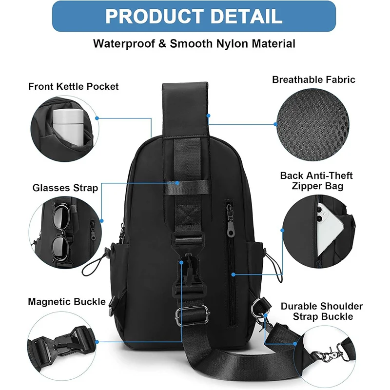 Guangzhou Fuliya Industry Co.,Ltd C-81469 This chest bag is water-repellent, has a bottle pocket and USB port, magnetic quick-release, multiple pockets - for travel, shopping, and fitness.