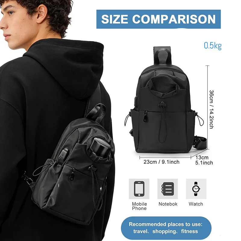 Guangzhou Fuliya Industry Co.,Ltd C-81469 This chest bag is water-repellent, has a bottle pocket and USB port, magnetic quick-release, multiple pockets - for travel, shopping, and fitness.