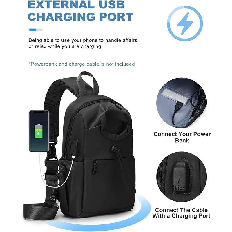 Guangzhou Fuliya Industry Co.,Ltd C-81469 This chest bag is water-repellent, has a bottle pocket and USB port, magnetic quick-release, multiple pockets - for travel, shopping, and fitness.