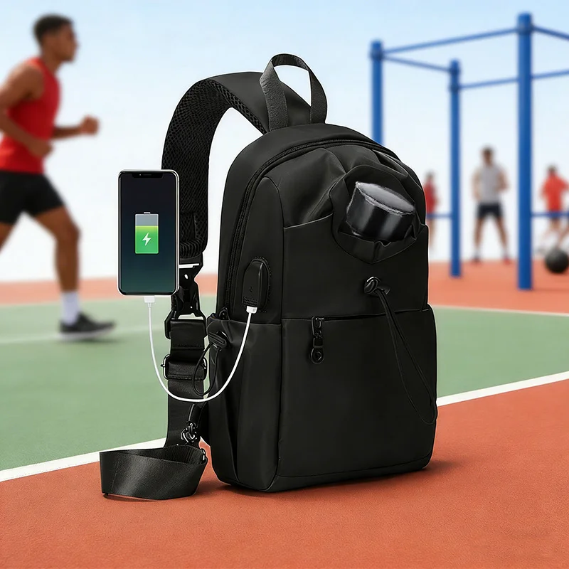 Guangzhou Fuliya Industry Co.,Ltd C-81469 This chest bag is water-repellent, has a bottle pocket and USB port, magnetic quick-release, multiple pockets - for travel, shopping, and fitness.