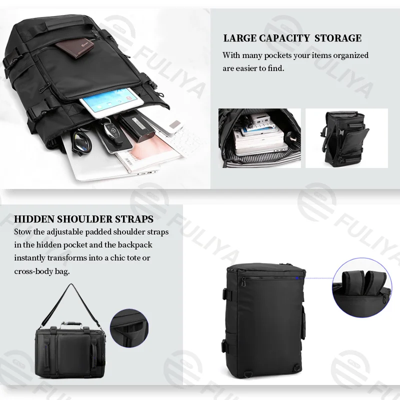 Guangzhou Fuliya Industry Co.,Ltd C-81062 Men's multi-functional backpack, large capacity, laptop compartment, dual zipper, hidden straps, and detachable strap - backpack, shoulder bag, crossbody bag, or tote for business, commuting, and travel.