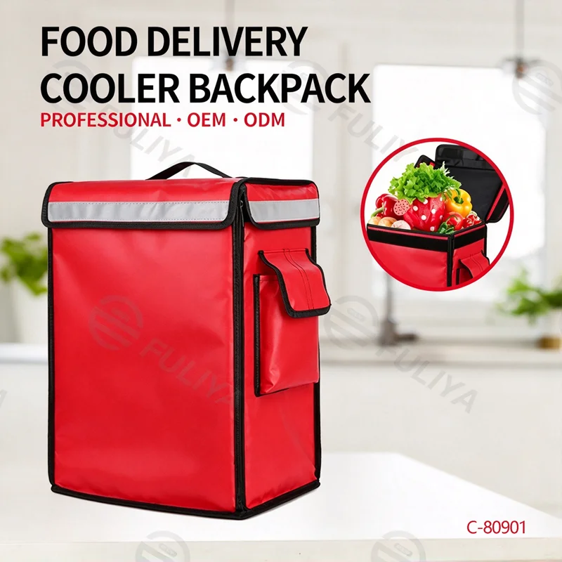 Guangzhou Fuliya Industry Co.,Ltd C-80901 42L delivery insulated box, water- and oil-proof, aluminum foil lining, removable frame, reflective strips, and side pocket - backpack carry for delivery, retail, and fresh food transport.