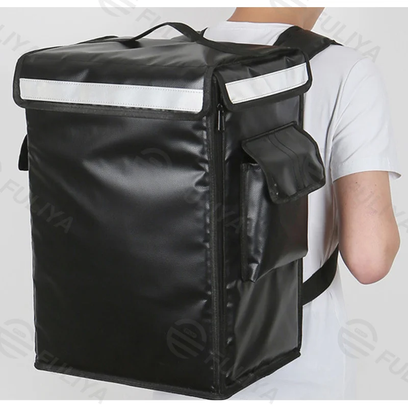 Guangzhou Fuliya Industry Co.,Ltd C-80901 42L delivery insulated box, water- and oil-proof, aluminum foil lining, removable frame, reflective strips, and side pocket - backpack carry for delivery, retail, and fresh food transport.