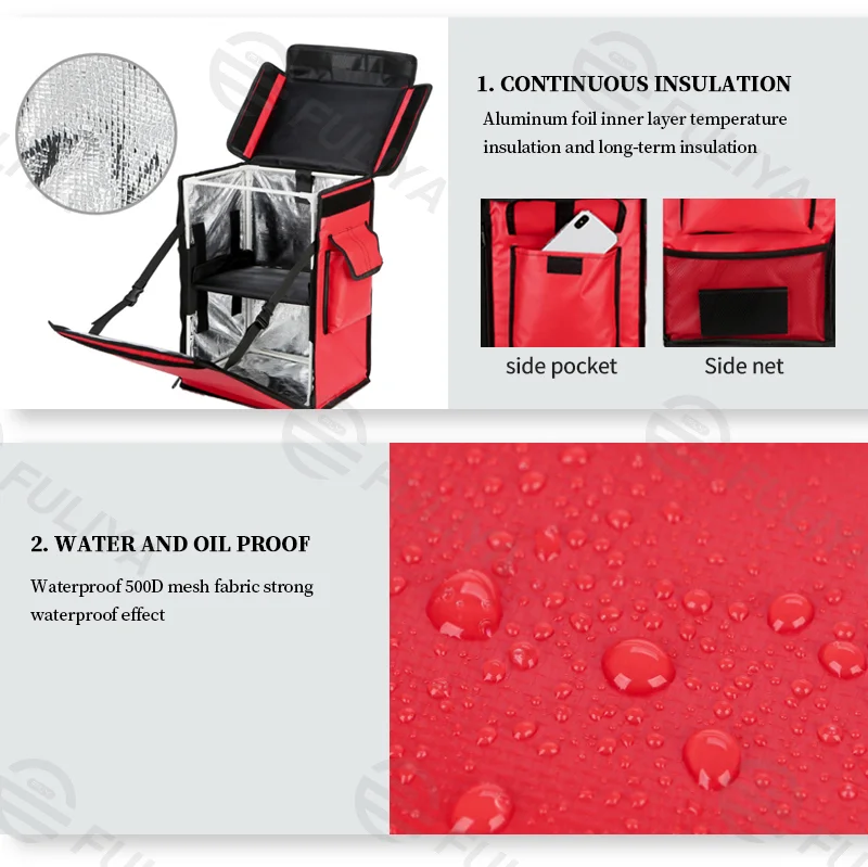 Guangzhou Fuliya Industry Co.,Ltd C-80901 42L delivery insulated box, water- and oil-proof, aluminum foil lining, removable frame, reflective strips, and side pocket - backpack carry for delivery, retail, and fresh food transport.