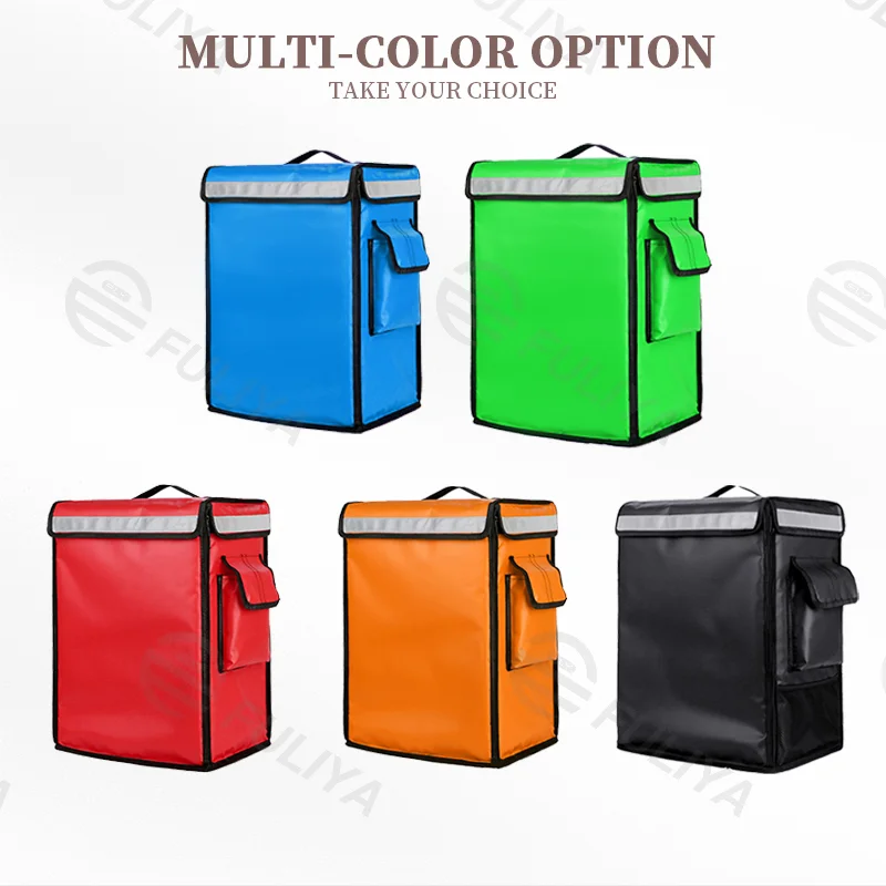 Guangzhou Fuliya Industry Co.,Ltd C-80901 42L delivery insulated box, water- and oil-proof, aluminum foil lining, removable frame, reflective strips, and side pocket - backpack carry for delivery, retail, and fresh food transport.