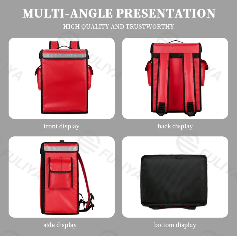 Guangzhou Fuliya Industry Co.,Ltd C-80901 42L delivery insulated box, water- and oil-proof, aluminum foil lining, removable frame, reflective strips, and side pocket - backpack carry for delivery, retail, and fresh food transport.