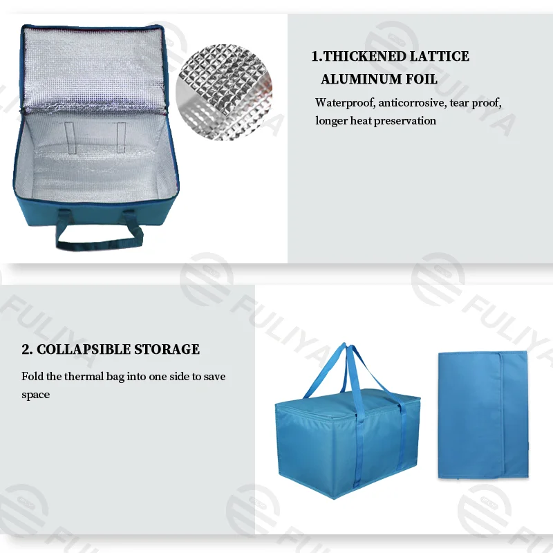 Guangzhou Fuliya Industry Co.,Ltd C-80902 Thickened lattice aluminum foil insulated bag, water-resistant, anti-corrosive and tear-resistant, collapsible, solid feet, nylon woven handle, and smooth zipper - for seafood, food delivery, and takeout.