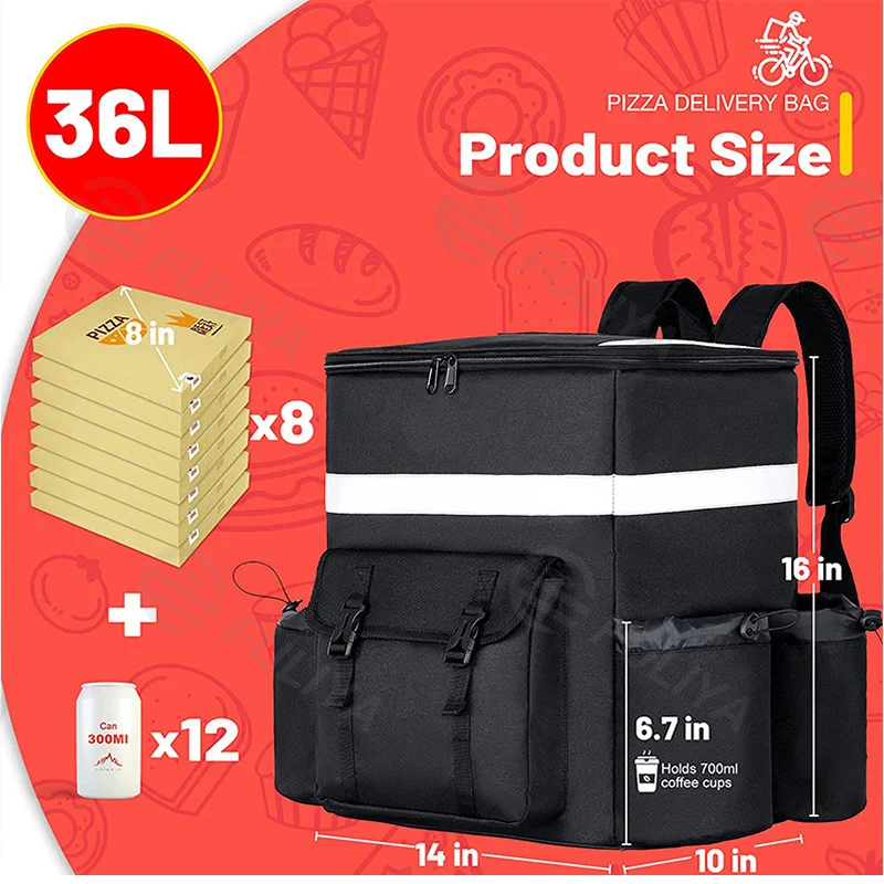 Guangzhou Fuliya Industry Co.,Ltd C-80904 36L pizza delivery insulated backpack, 600D Oxford fabric, water-resistant, padded straps, breathable back pad, and dual zipper - holds 8 pizzas or 12 cans for food delivery.