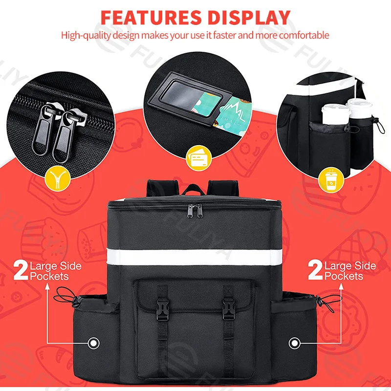Guangzhou Fuliya Industry Co.,Ltd C-80904 36L pizza delivery insulated backpack, 600D Oxford fabric, water-resistant, padded straps, breathable back pad, and dual zipper - holds 8 pizzas or 12 cans for food delivery.