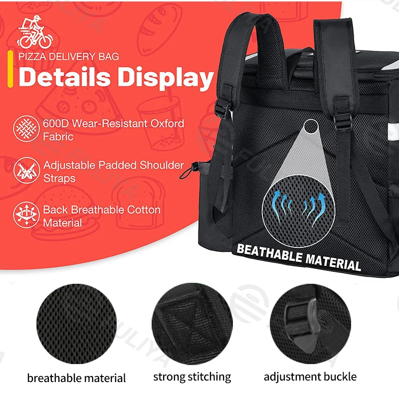 Guangzhou Fuliya Industry Co.,Ltd C-80904 36L pizza delivery insulated backpack, 600D Oxford fabric, water-resistant, padded straps, breathable back pad, and dual zipper - holds 8 pizzas or 12 cans for food delivery.