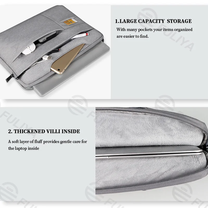 Guangzhou Fuliya Industry Co.,Ltd C-80906 Lightweight multi-compartment laptop bag, thickened plush lining, hidden carry handle, rear document pocket, and Velcro design - multiple colors for 13.3/15.4/15.6-inch laptops.