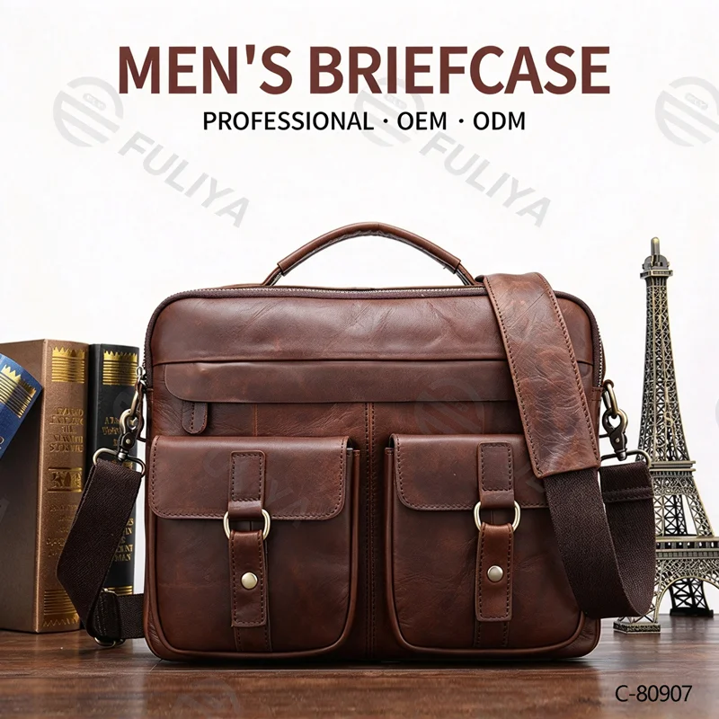 Guangzhou Fuliya Industry Co.,Ltd C-80907 Vintage crazy horse leather men's shoulder bag, top-grain cowhide, durable texture, hand and crossbody carry - for business, commuting, and casual use.