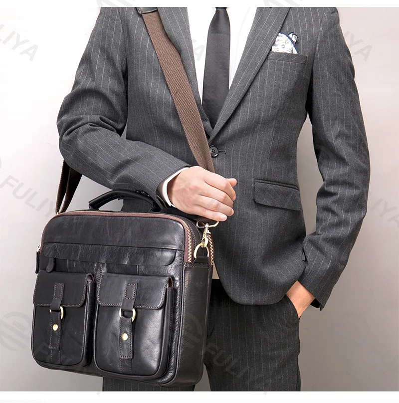 Guangzhou Fuliya Industry Co.,Ltd C-80907 Vintage crazy horse leather men's shoulder bag, top-grain cowhide, durable texture, hand and crossbody carry - for business, commuting, and casual use.