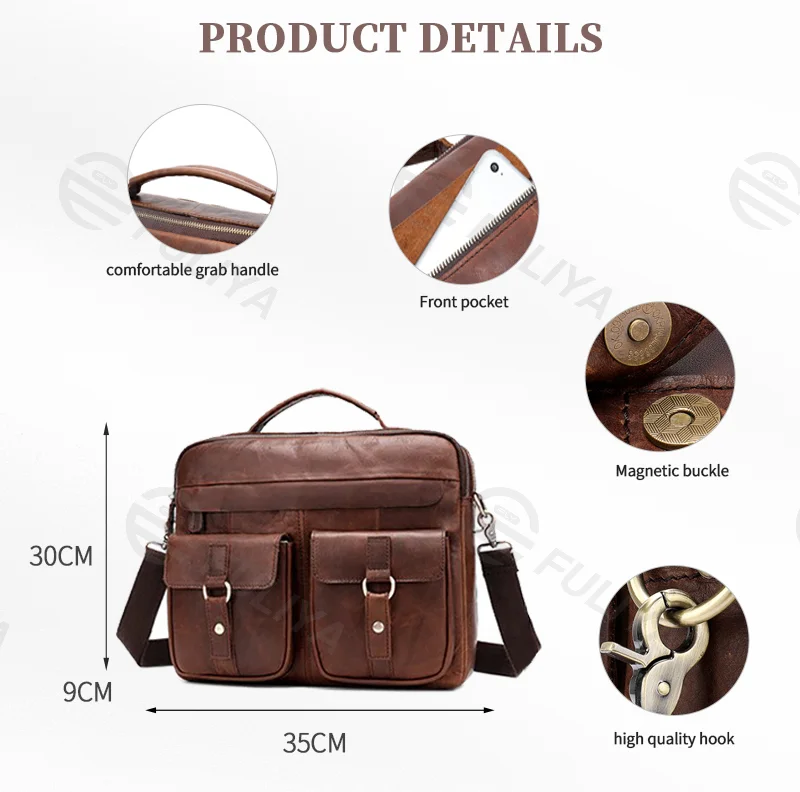 Guangzhou Fuliya Industry Co.,Ltd C-80907 Vintage crazy horse leather men's shoulder bag, top-grain cowhide, durable texture, hand and crossbody carry - for business, commuting, and casual use.