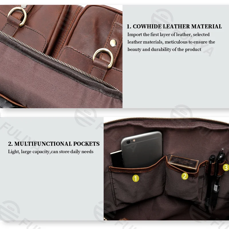 Guangzhou Fuliya Industry Co.,Ltd C-80907 Vintage crazy horse leather men's shoulder bag, top-grain cowhide, durable texture, hand and crossbody carry - for business, commuting, and casual use.