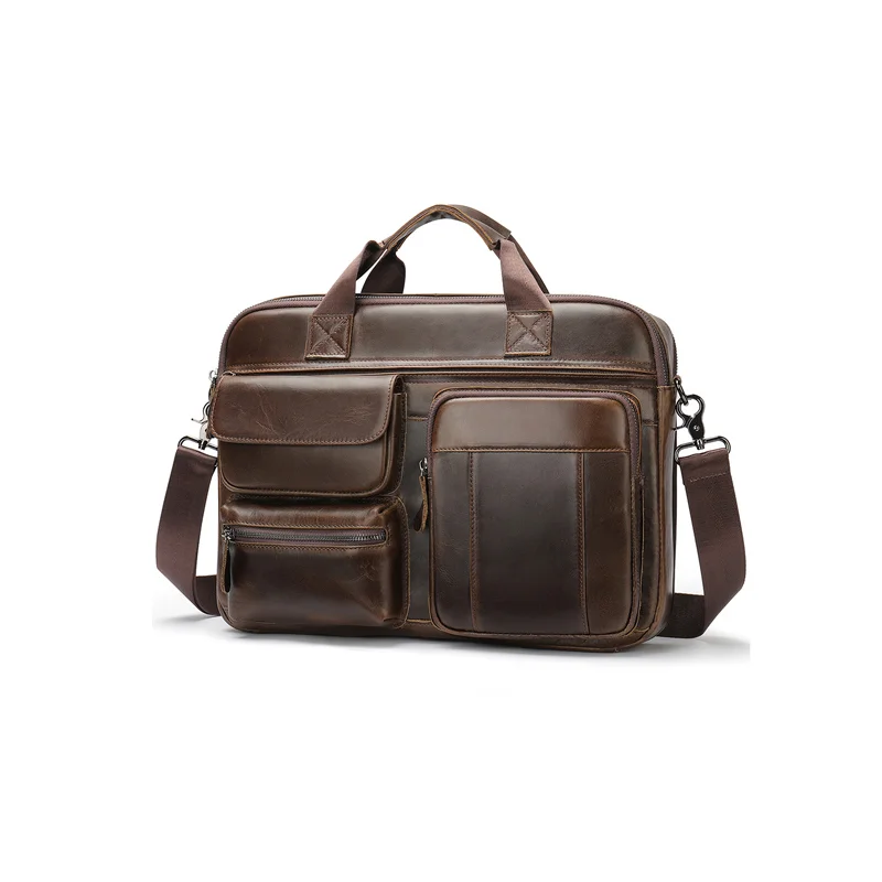 Guangzhou Fuliya Industry Co.,Ltd C-80908 Men's top-grain cowhide briefcase, large capacity, multi-functional pockets, rear anti-theft pocket, magnetic buckle, and adjustable strap - hand or shoulder carry for business, commuting, and business trips.
