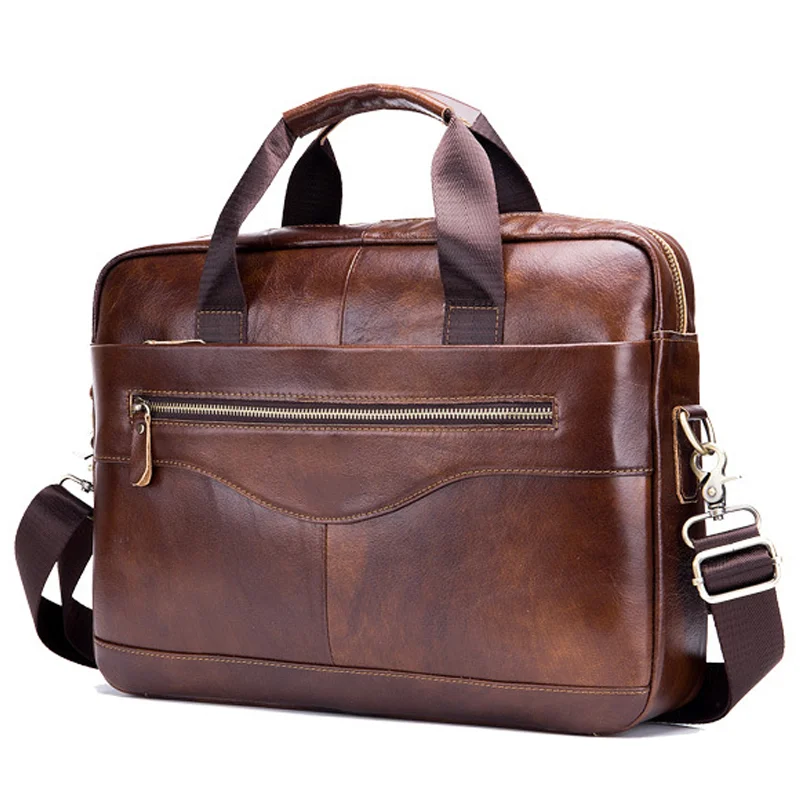 Guangzhou Fuliya Industry Co.,Ltd C-80909 Men's top-grain cowhide laptop briefcase, large capacity, laptop compartment, alloy zipper, and adjustable strap - hand, shoulder, or crossbody carry for business, commuting, and business trips.