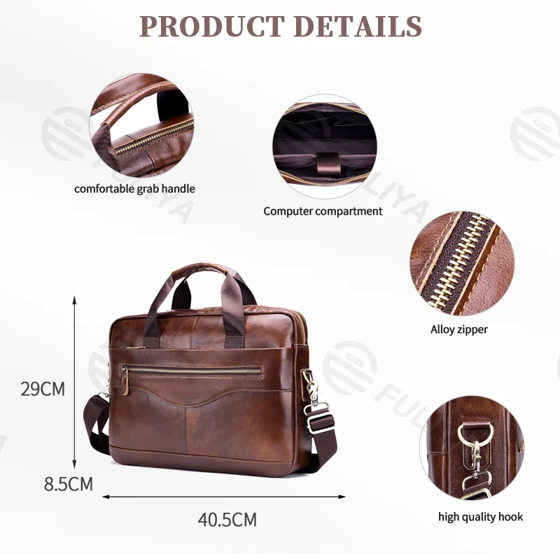 Guangzhou Fuliya Industry Co.,Ltd C-80909 Men's top-grain cowhide laptop briefcase, large capacity, laptop compartment, alloy zipper, and adjustable strap - hand, shoulder, or crossbody carry for business, commuting, and business trips.